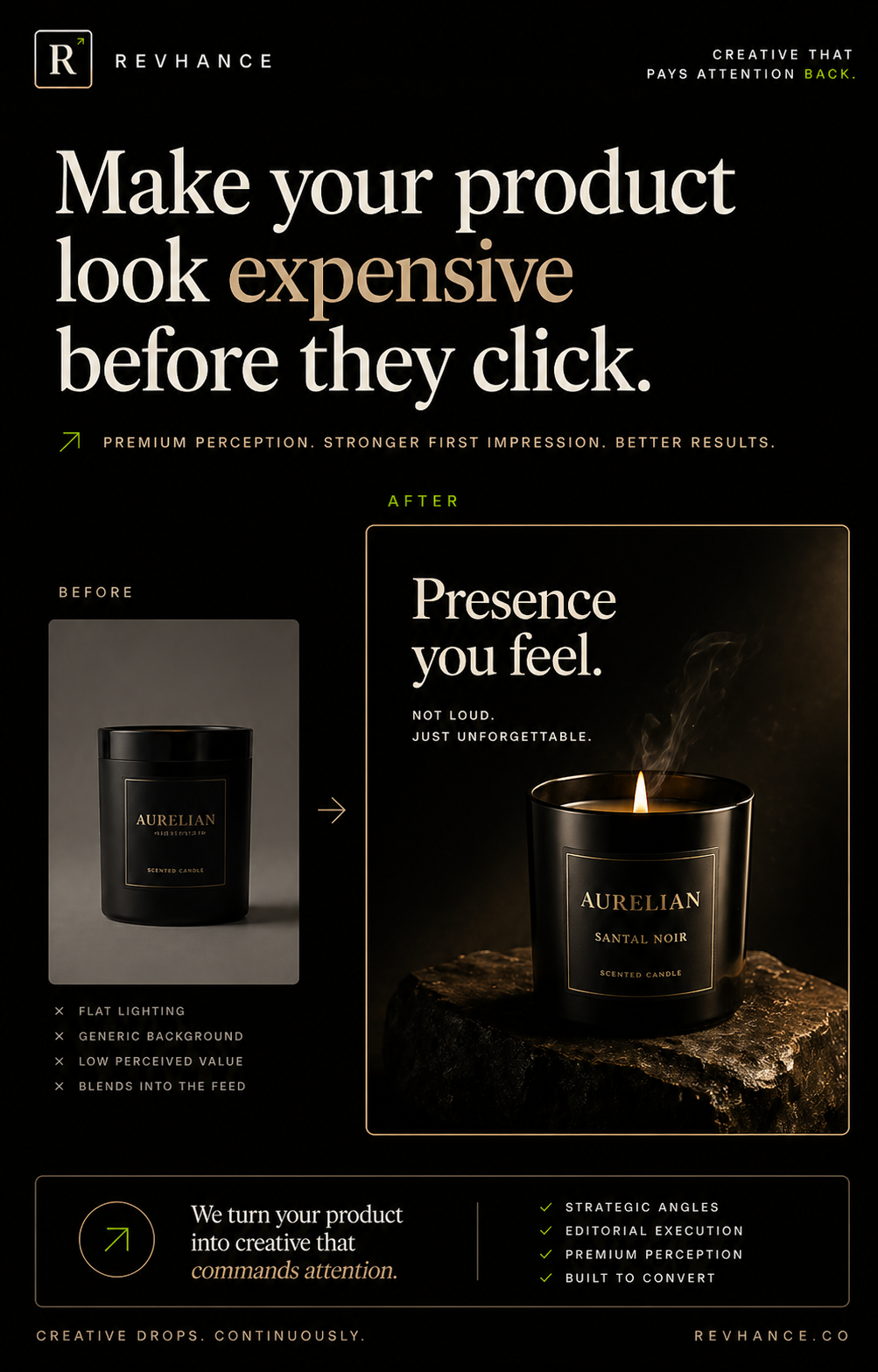 Revhance DTC ad concept: Make your product look expensive before they click.