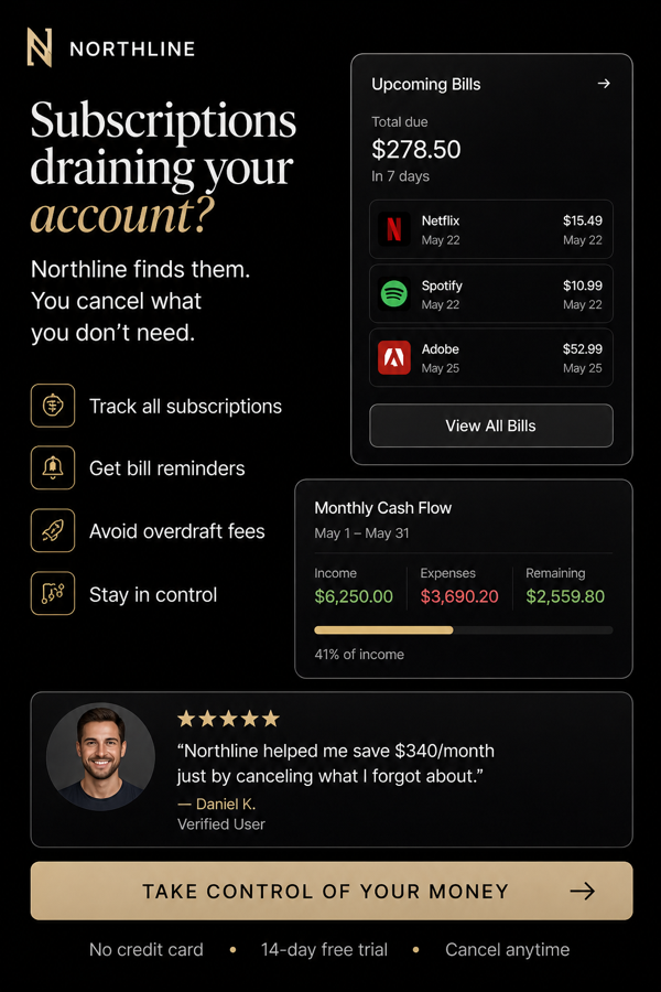 Northline finance app direct-response static ad concept with subscription tracking proof.