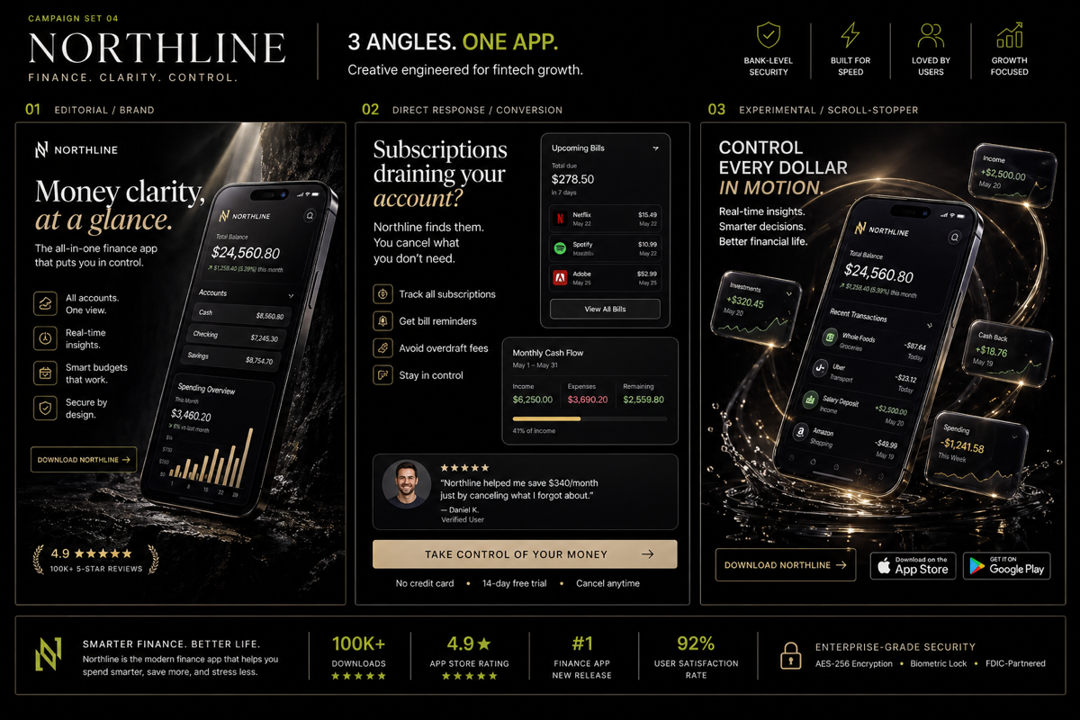 Finance app creative study board showing three static ad angles for Northline.