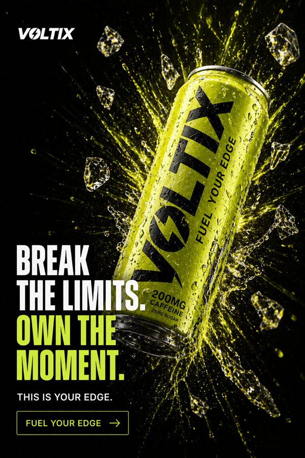 Voltix beverage static ad concept with bold Break the Limits headline.