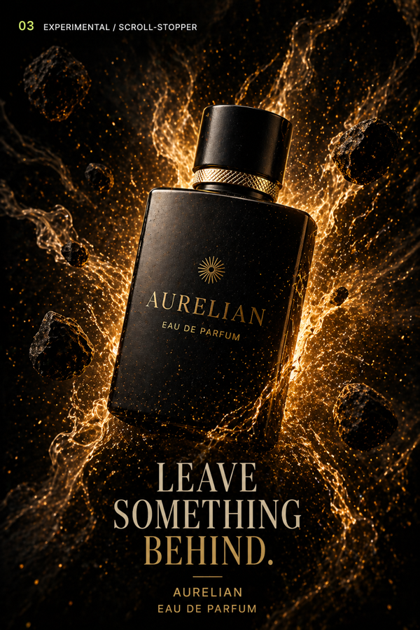 Aurelian perfume static ad concept with dramatic product visual and headline Leave Something Behind.