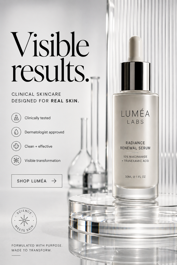 Lumea Labs skincare static ad concept with clean clinical product framing.