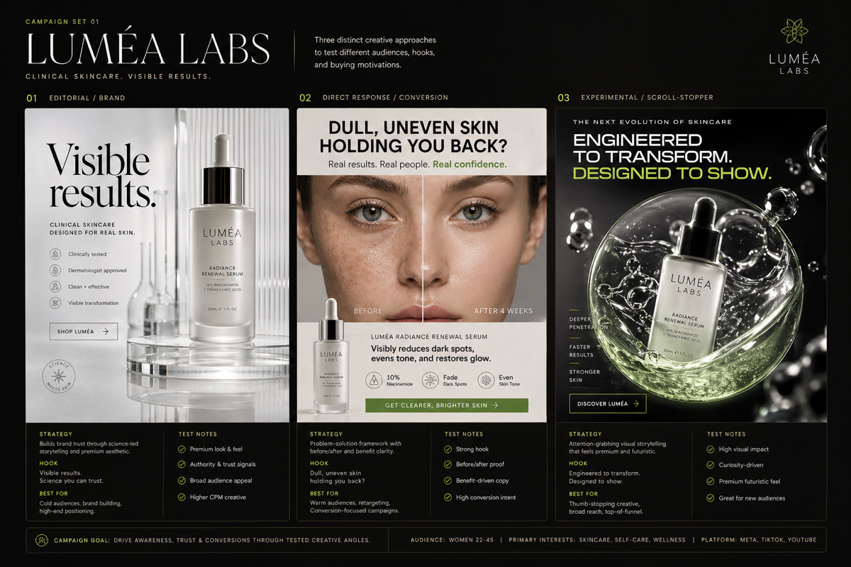 Skincare creative study board showing three static ad angles for Lumea Labs.