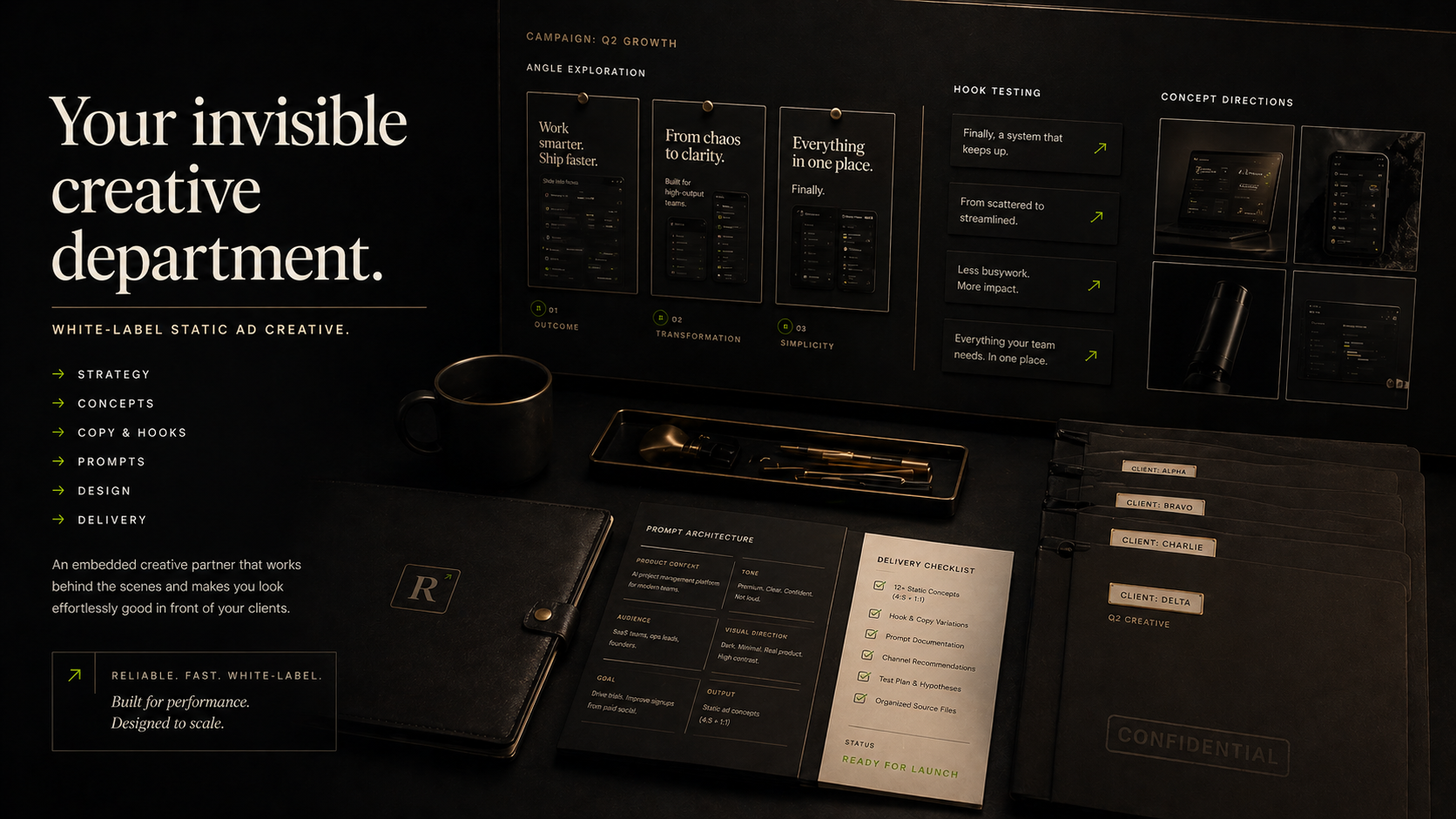 Creative Desk demo showing organized white-label static ad creative systems.