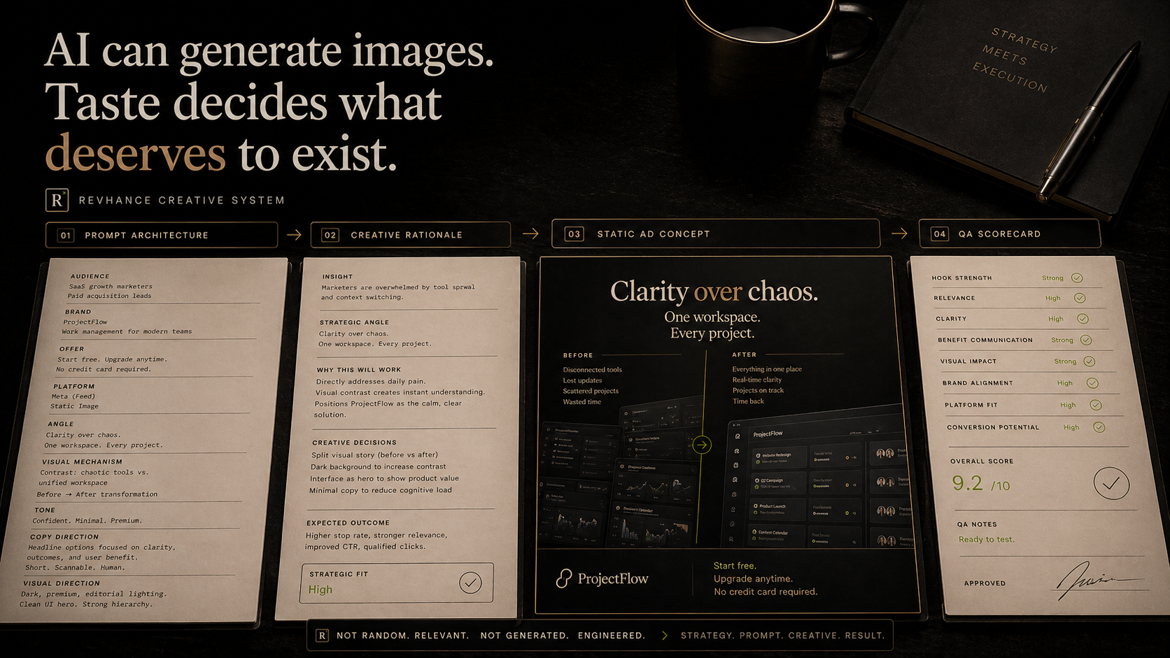 Prompt architecture and creative rationale proof board showing the system behind a static ad concept.