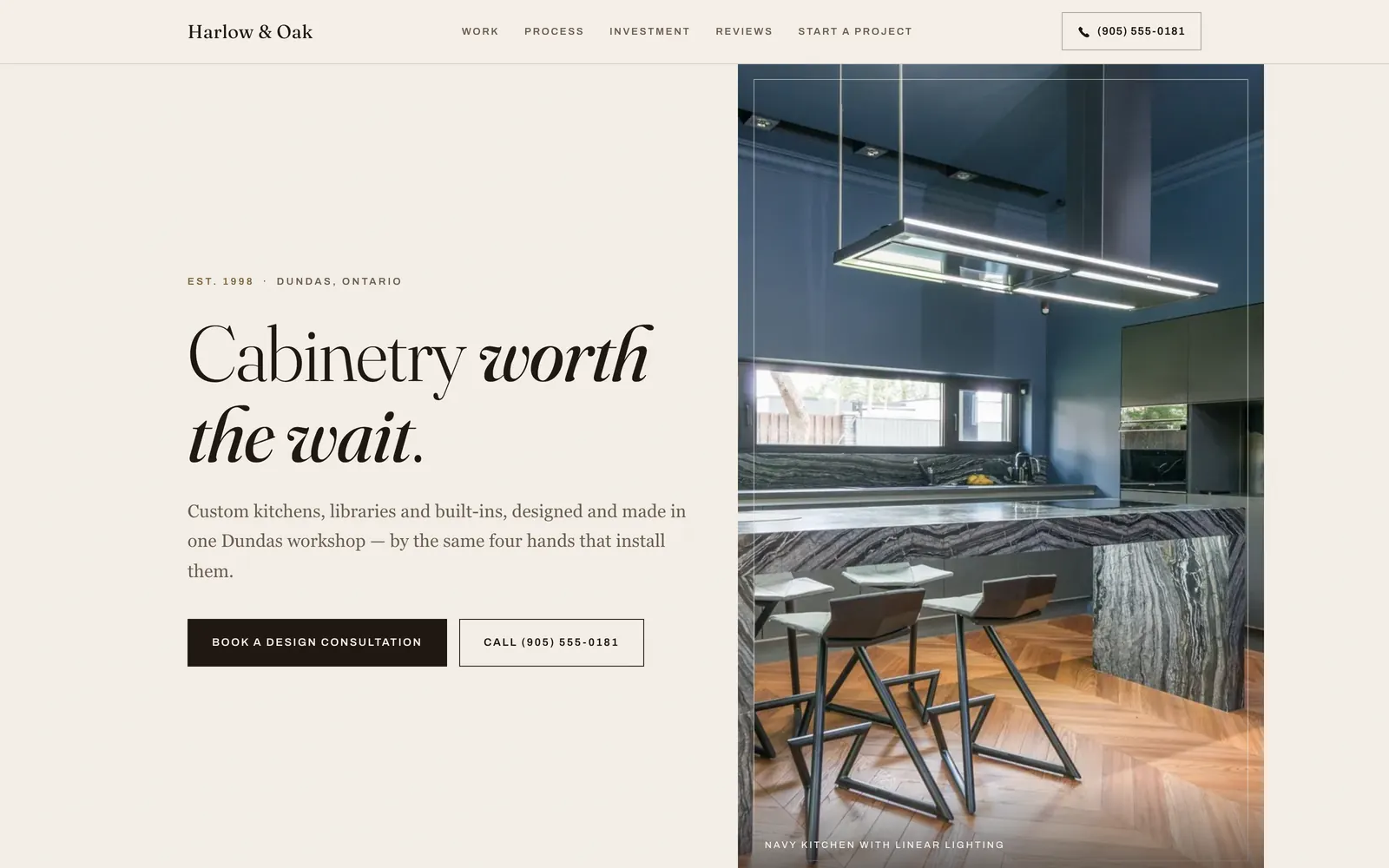 The Harlow and Oak demonstration website: a cabinetry site with a large project photograph and editorial typography